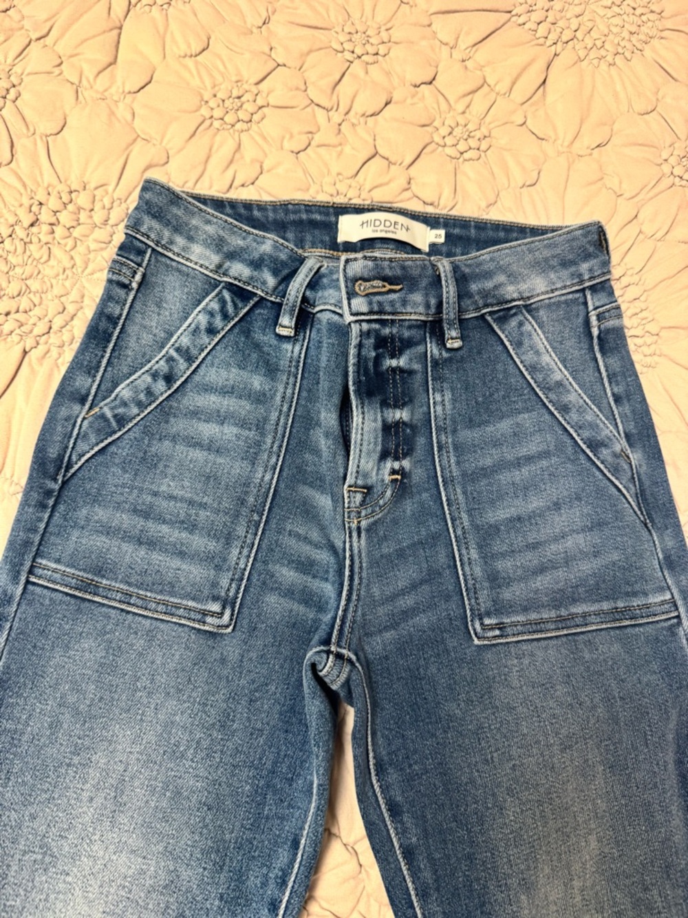 High-Rise Medium Blue Flare Jeans with Raw Hem - Picture 3 of 5